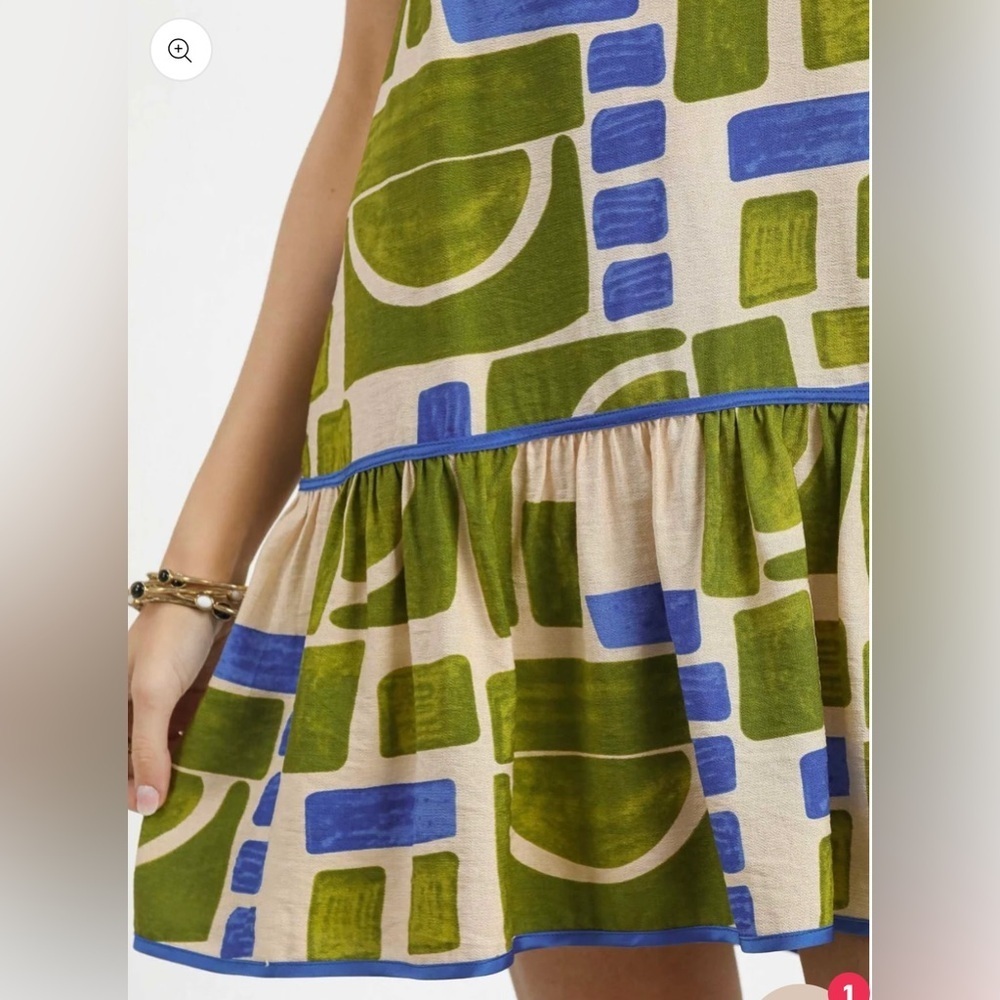 UMGEE BOHO GEOMETRIC PRINT SLEEVELESS
TIERED MINI DRESS GREEN BLUE SIZE M - Picture 6 of 12